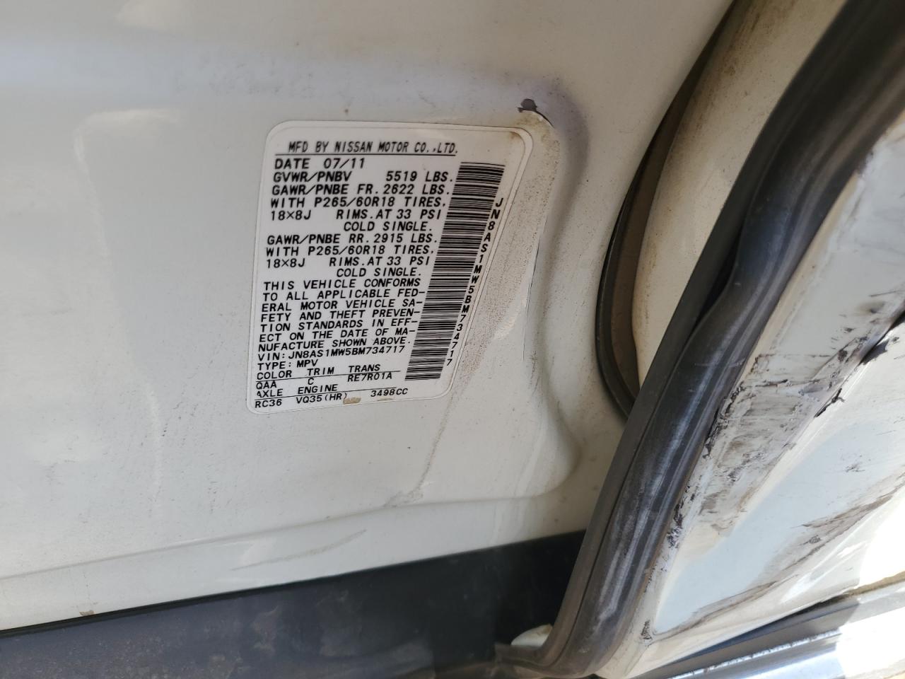 2011 Infiniti FX VIN JN8AS1MW5BM734717 Copart auction photo, side / rear end damage thumbnail 16