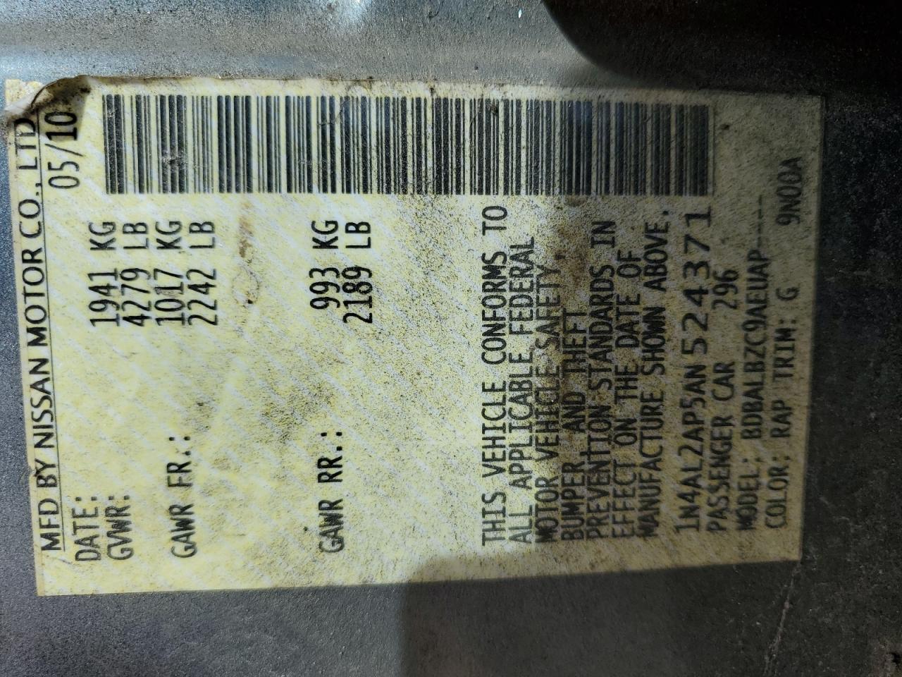 2010 Nissan Altima VIN 1N4AL2AP5AN524371 Copart auction photo, front end damage thumbnail 13