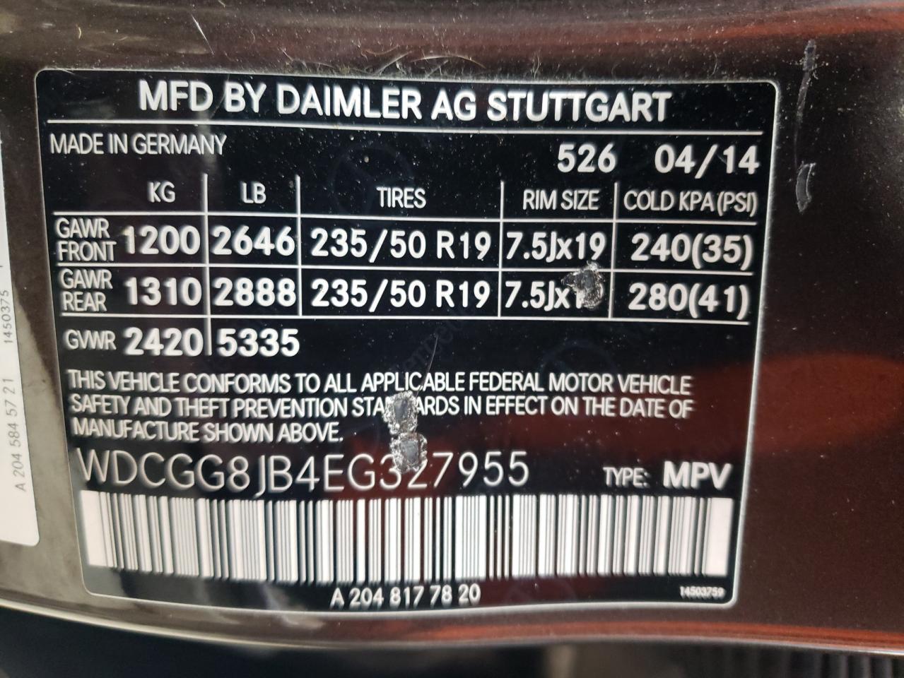 2014 Mercedes-Benz GLK-klasse VIN WDCGG8JB4EG327955 Copart auction photo, front end damage thumbnail 12