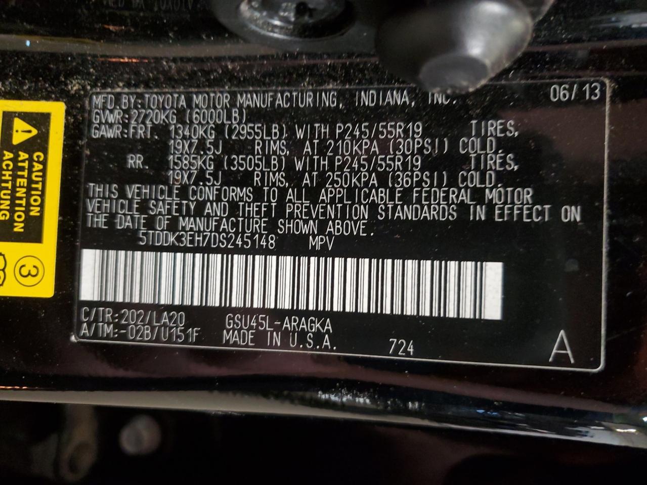 2013 Toyota Highlander VIN 5TDDK3EH7DS245148 Copart auction photo, front end damage thumbnail 15