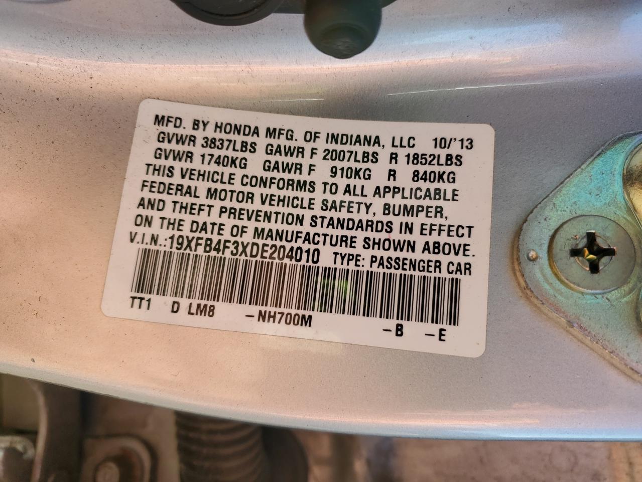 2013 Honda Civic VIN 19XFB4F3XDE204010 Copart auction photo, minor dent/scratches damage thumbnail 12