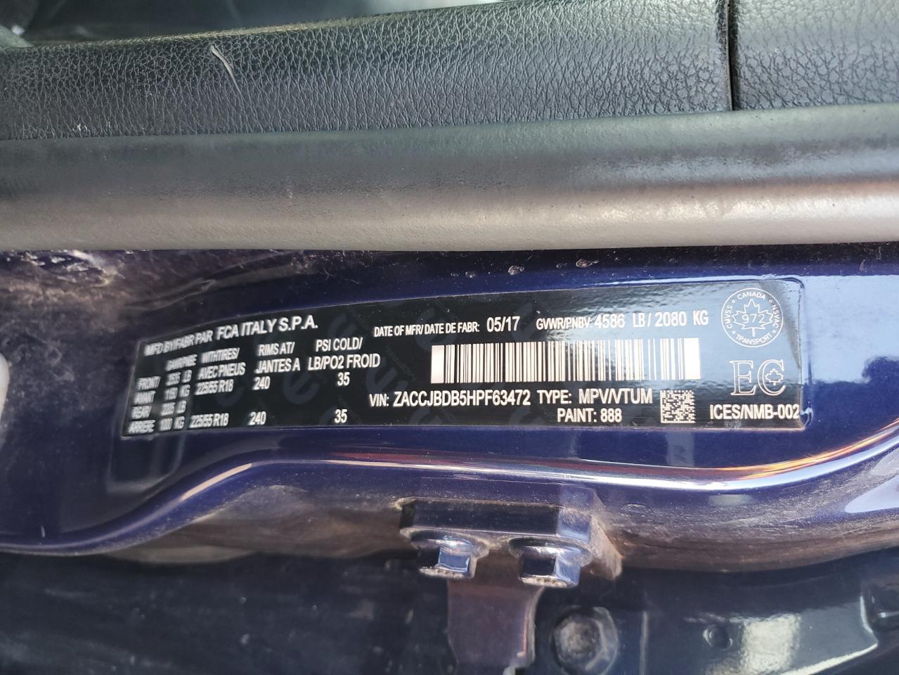 2017 Jeep Renegade VIN ZACCJBDB5HPF63472 Copart auction photo, side damage thumbnail 13