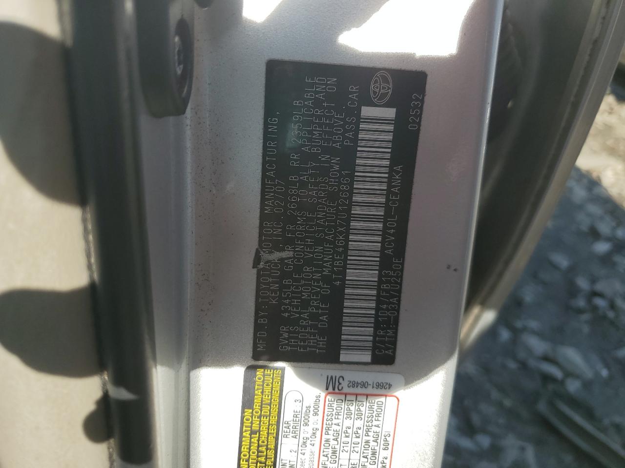 2007 Toyota Camry VIN 4T1BE46KX7U126861 Copart auction photo, rear end damage thumbnail 12
