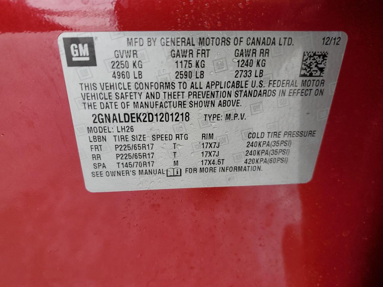 2013 Chevrolet Equinox VIN 2GNALDEK2D1201218 Copart auction photo, front end damage thumbnail 13