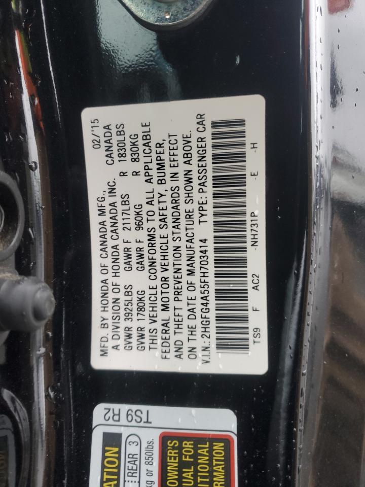 2015 Honda Civic VIN 2HGFG4A55FH703414 Copart auction photo, front end damage thumbnail 12
