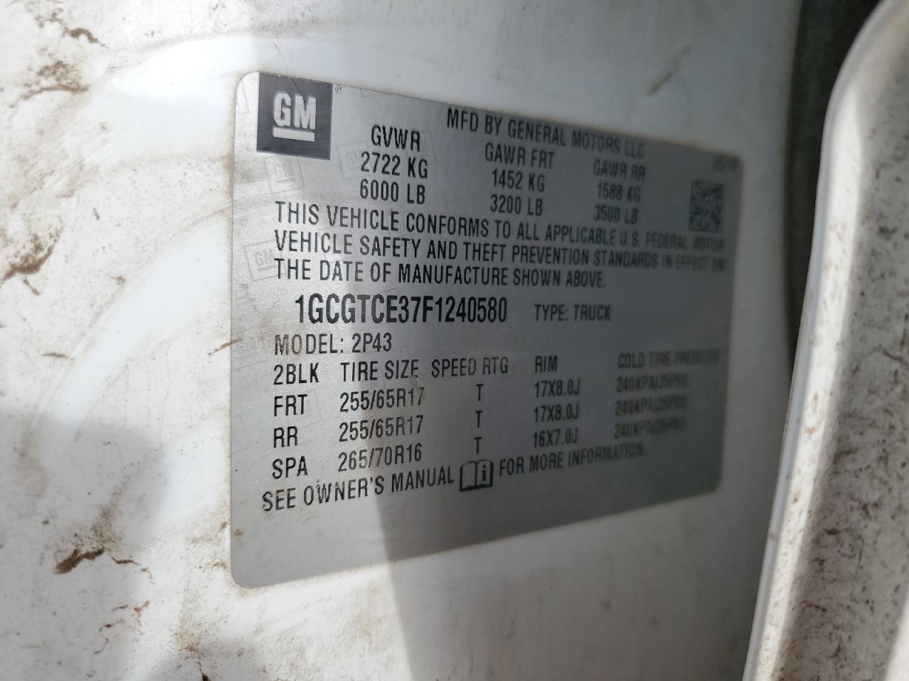 2015 Chevrolet Colorado VIN 1GCGTCE37F1240580 Copart auction photo, side / front end damage thumbnail 14