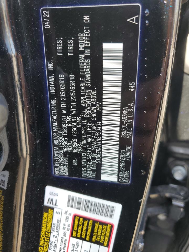 2022 Toyota Highlander VIN 5TDGZRAH4NS120434 Copart auction photo, top/roof / side damage thumbnail 13