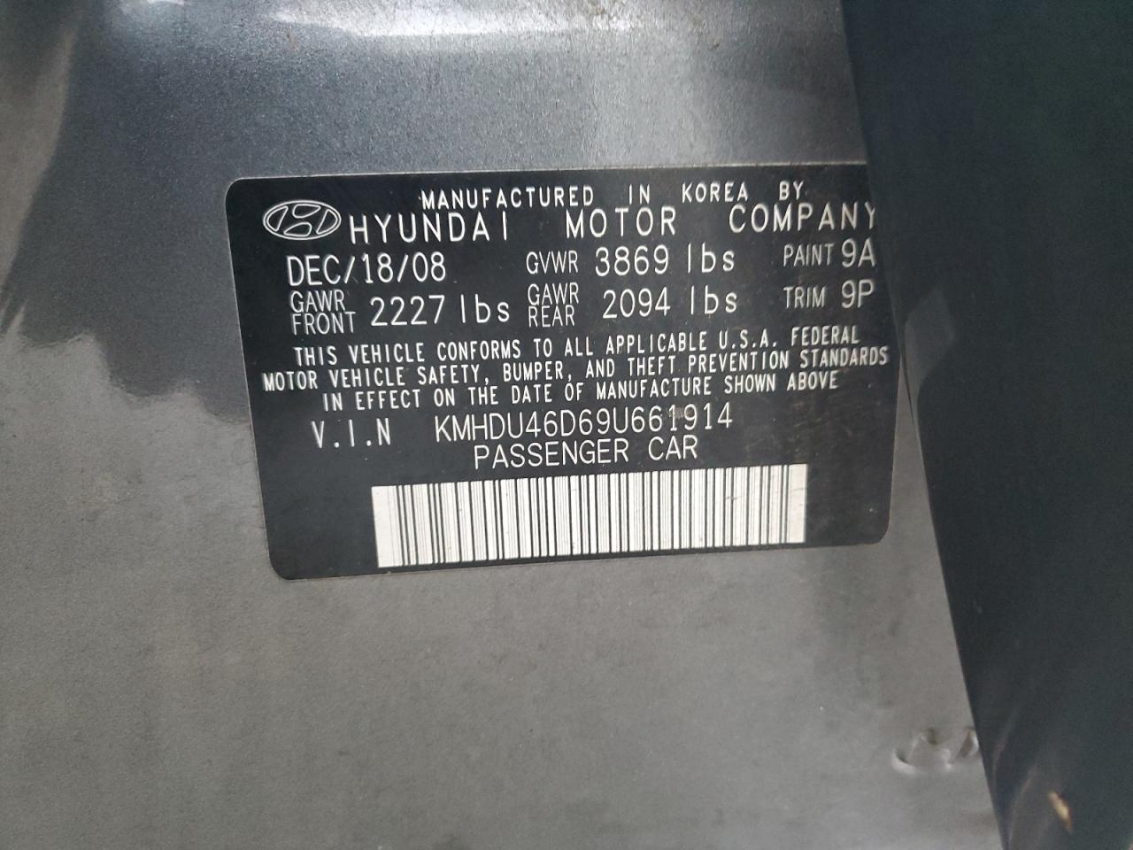 2009 Hyundai Elantra VIN KMHDU46D69U661914 Copart auction photo, rear end damage thumbnail 14