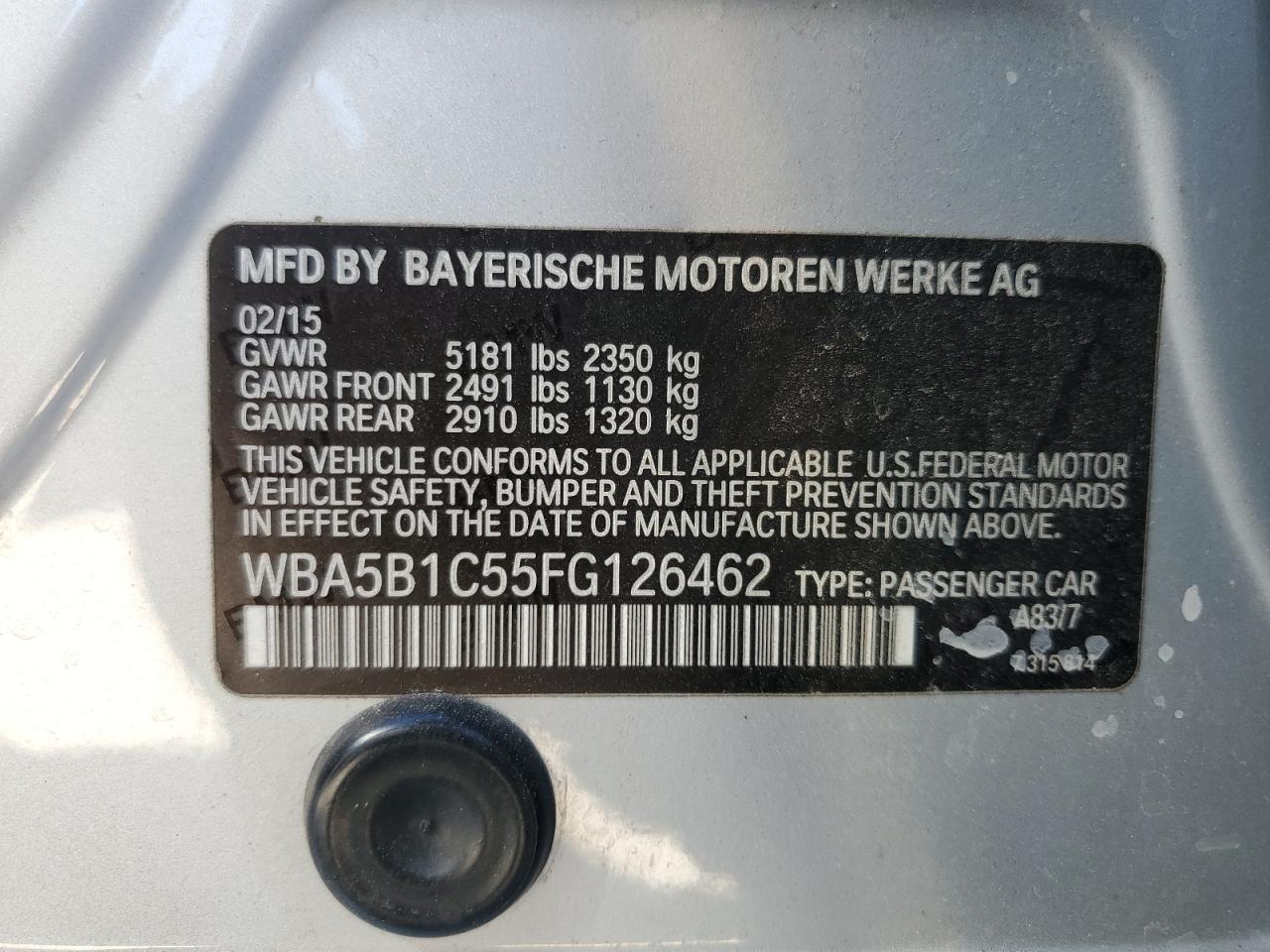 2015 BMW 5er VIN WBA5B1C55FG126462 Copart auction photo, rear end damage thumbnail 12