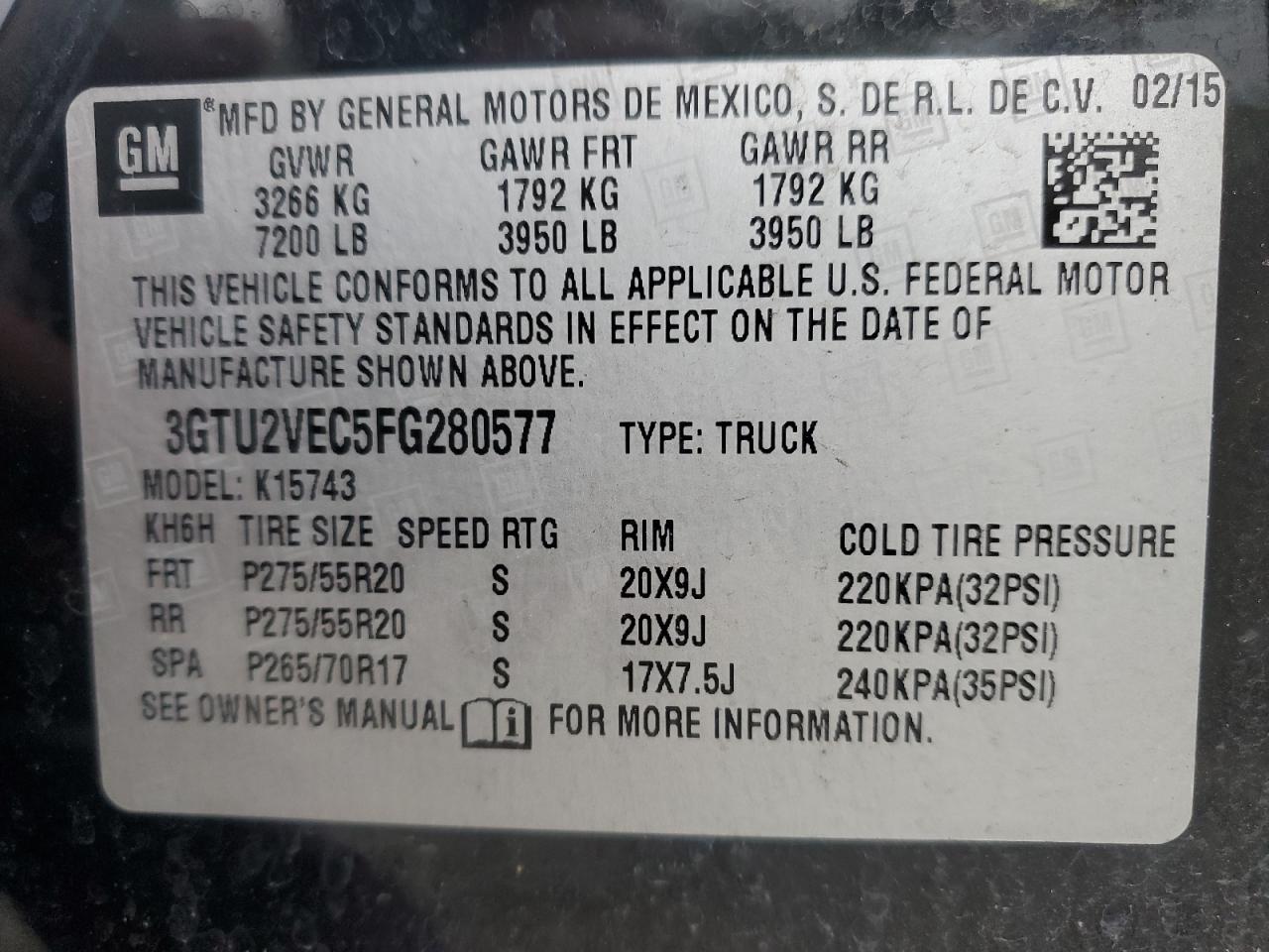 2015 GMC Sierra VIN 3GTU2VEC5FG280577 Copart auction photo, front end / minor dent/scratches damage thumbnail 13
