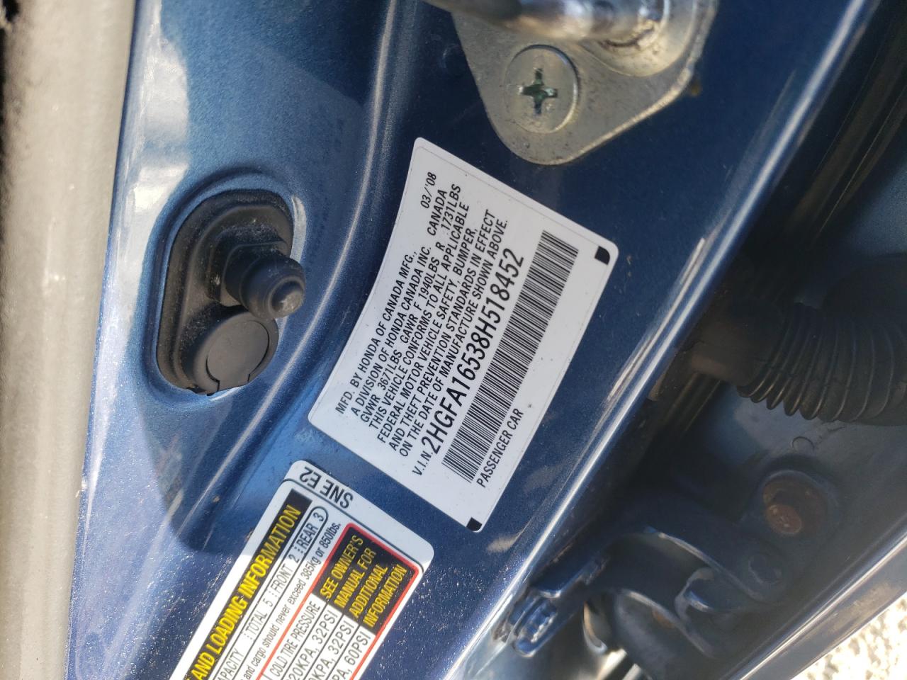 2008 Honda Civic VIN 2HGFA16538H518452 Copart auction photo, front end / side damage thumbnail 12