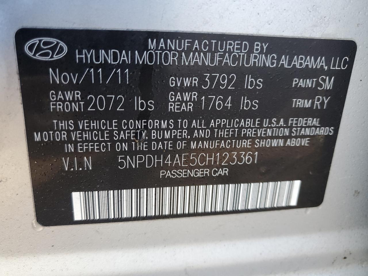 2012 Hyundai Elantra VIN 5NPDH4AE5CH123361 Copart auction photo, front end / minor dent/scratches damage thumbnail 12