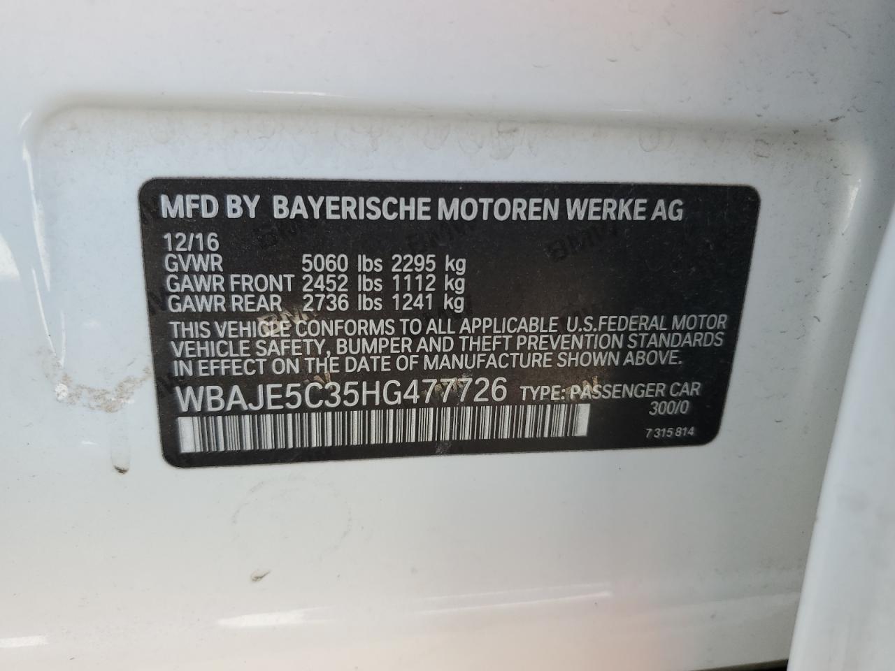 2017 BMW 5er VIN WBAJE5C35HG477726 Copart auction photo, side damage thumbnail 12
