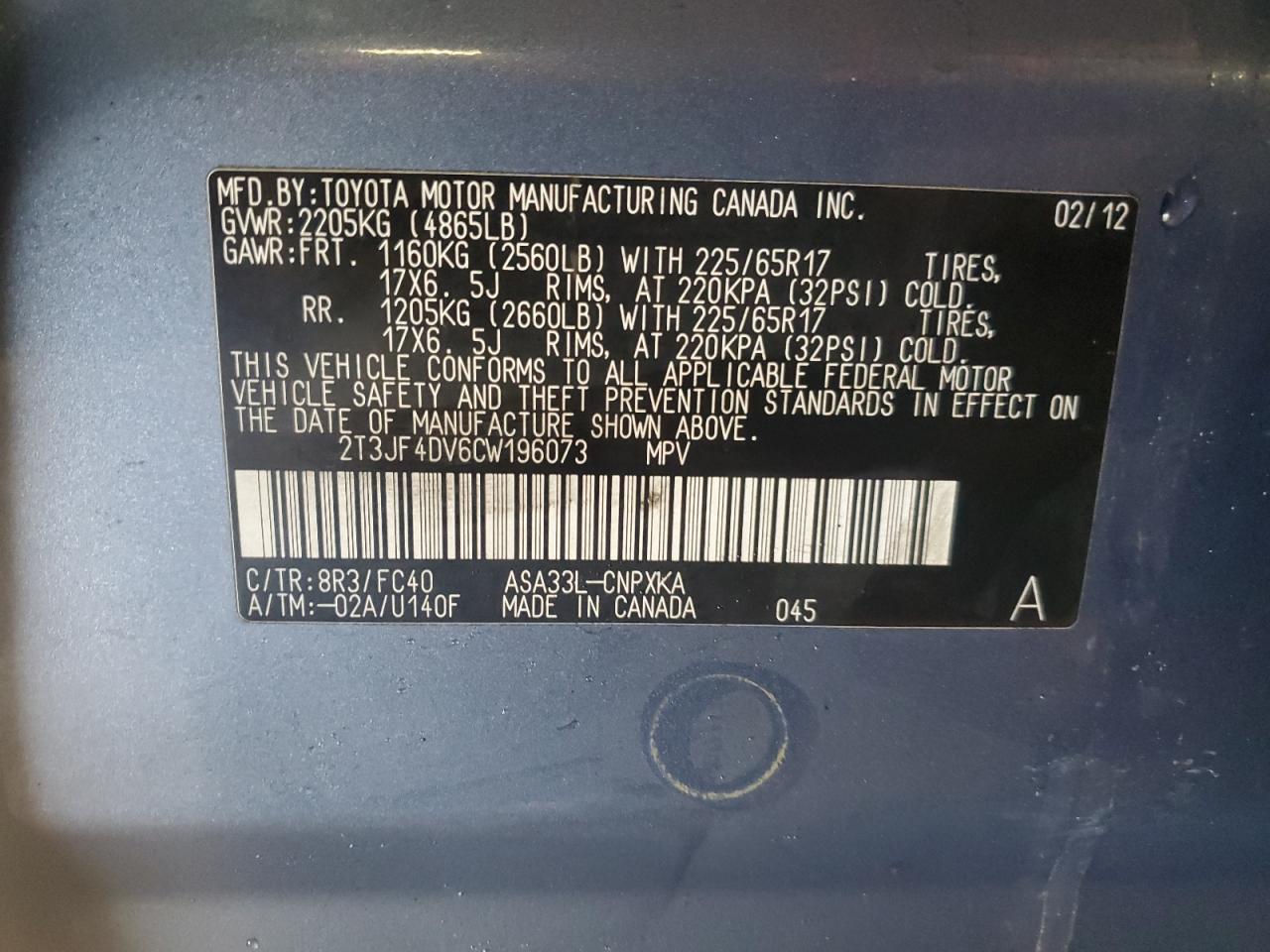 2012 Toyota RAV 4 VIN 2T3JF4DV6CW196073 Copart auction photo, front end damage thumbnail 13