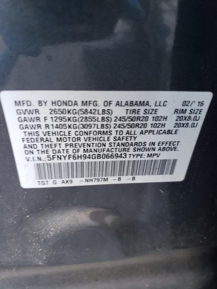 2016 Honda Pilot VIN 5FNYF6H94GB066943 Copart auction photo, front end / side damage thumbnail 14