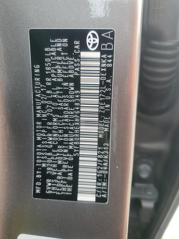 2017 Toyota Corolla VIN 5YFBURHEXHP648349 Copart auction photo, front end / rear end damage thumbnail 14