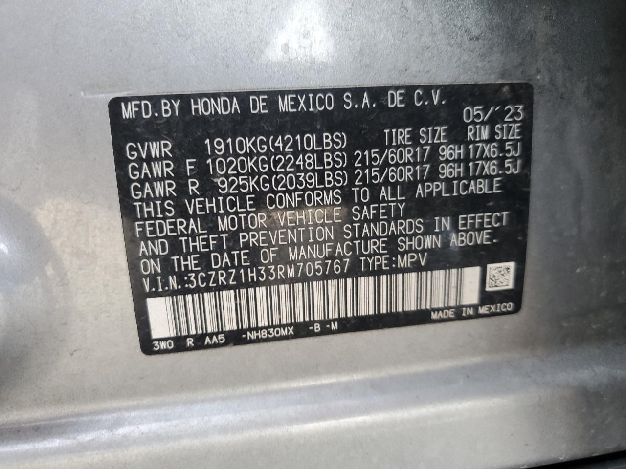 2024 Honda HR-V VIN 3CZRZ1H33RM705767 Copart auction photo, front end damage thumbnail 15