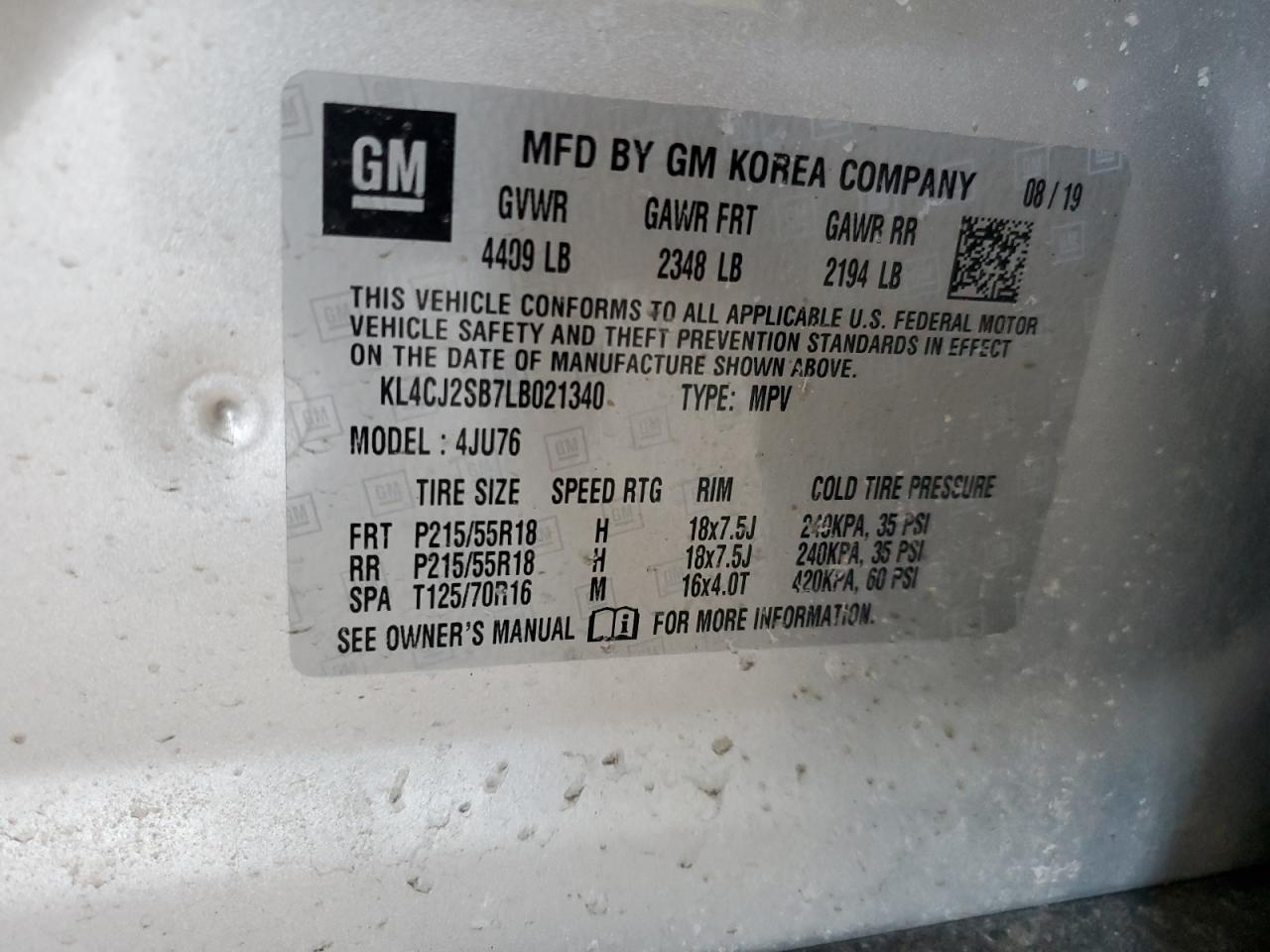 2020 Buick Encore VIN KL4CJ2SB7LB021340 Copart auction photo, all over / hail damage thumbnail 13