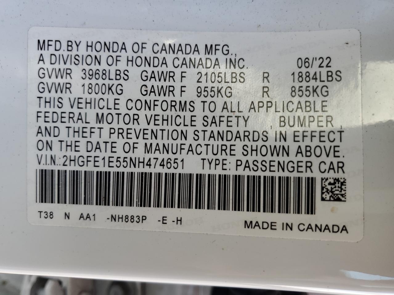2022 Honda Civic VIN 2HGFE1E55NH474651 Copart auction photo, rear end / front end damage thumbnail 14
