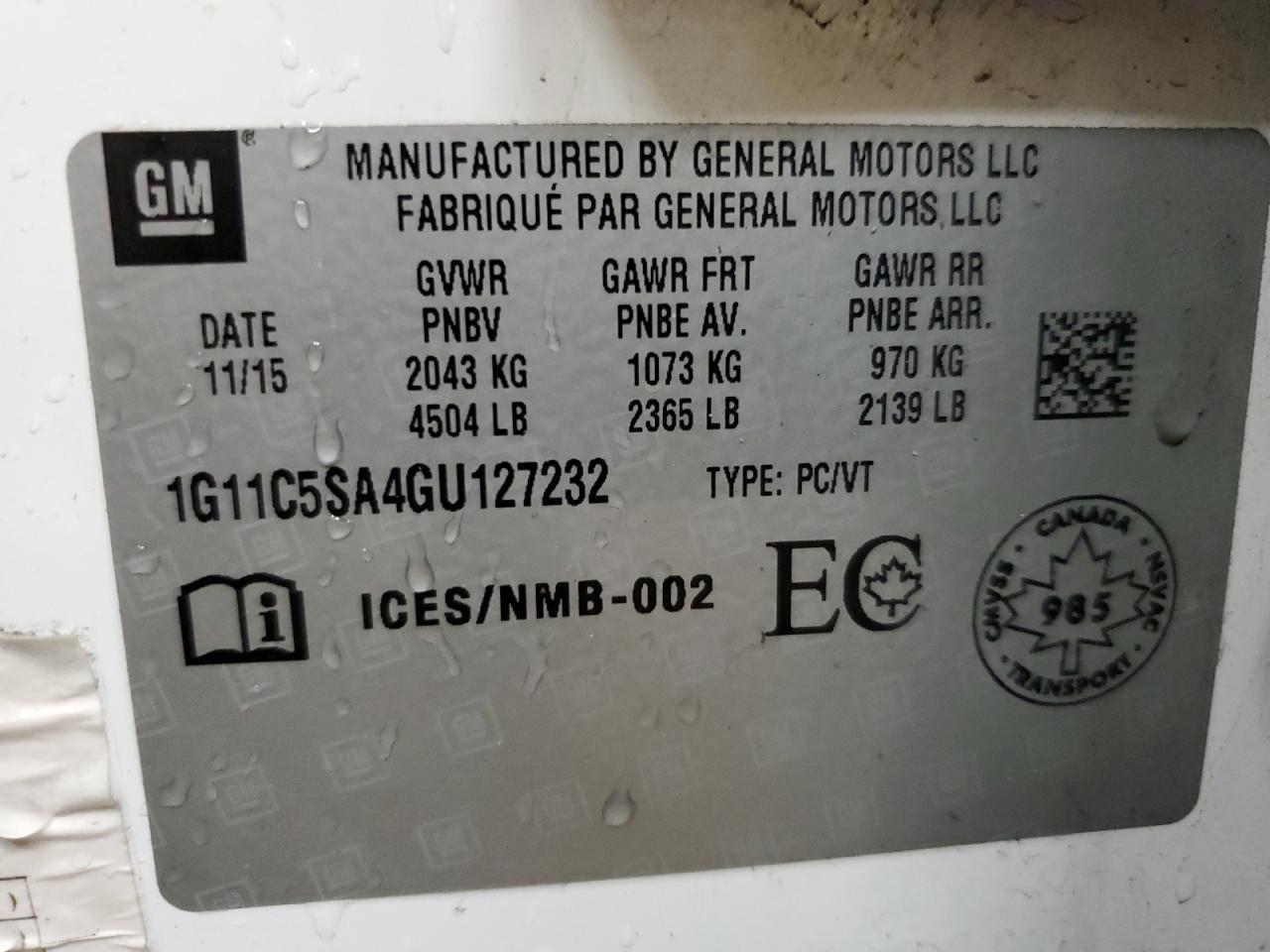 2016 Chevrolet Malibu VIN 1G11C5SA4GU127232 Copart auction photo, all over damage thumbnail 12