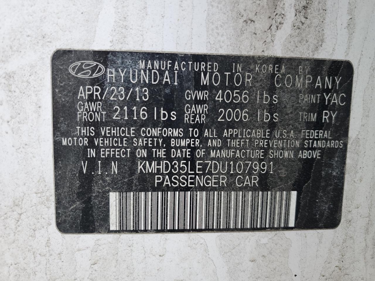 2013 Hyundai Elantra VIN KMHD35LE7DU107991 Copart auction photo, front end / minor dent/scratches damage thumbnail 12