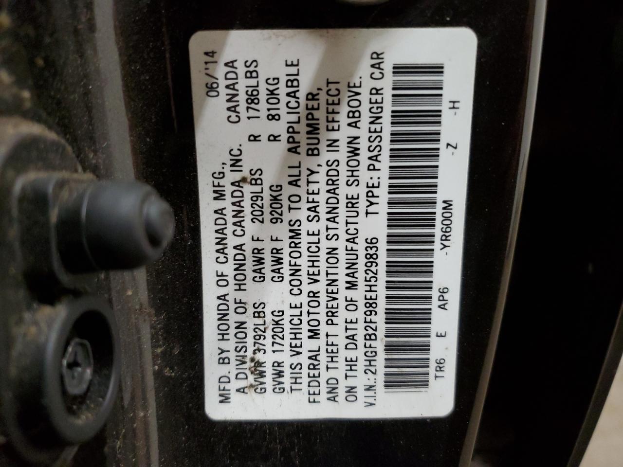 2014 Honda Civic VIN 2HGFB2F98EH529836 Copart auction photo, front end / side damage thumbnail 14