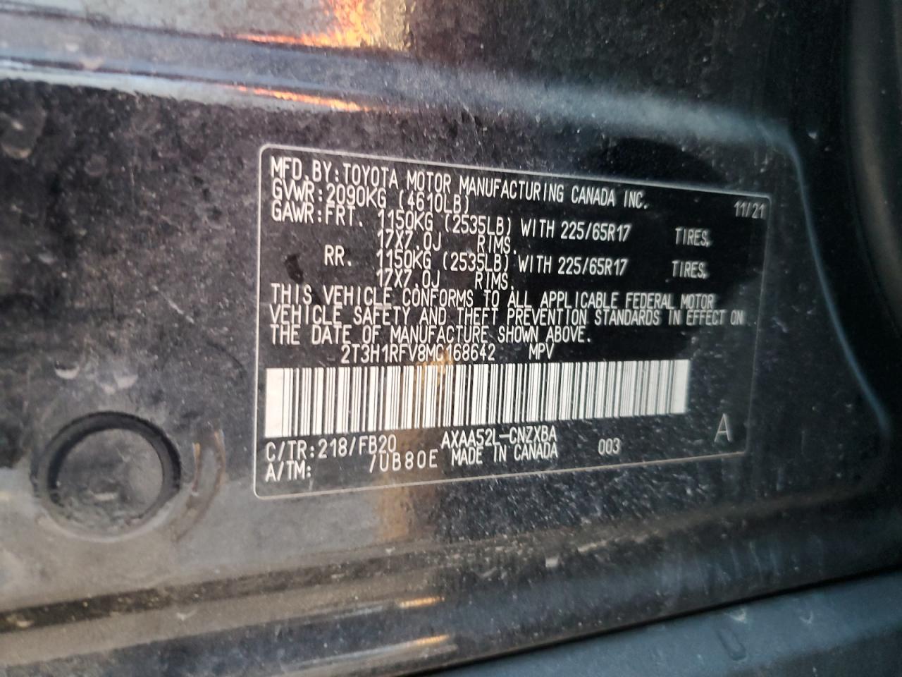 2021 Toyota RAV 4 VIN 2T3H1RFV8MC168642 Copart auction photo, front end / rear end damage thumbnail 14