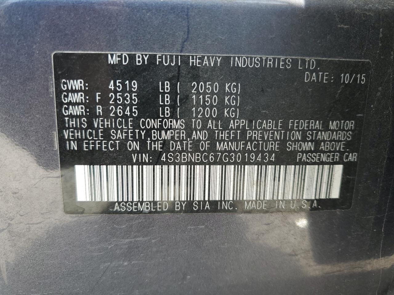 2016 Subaru Legacy VIN 4S3BNBC67G3019434 Copart auction photo, front end / minor dent/scratches damage thumbnail 12