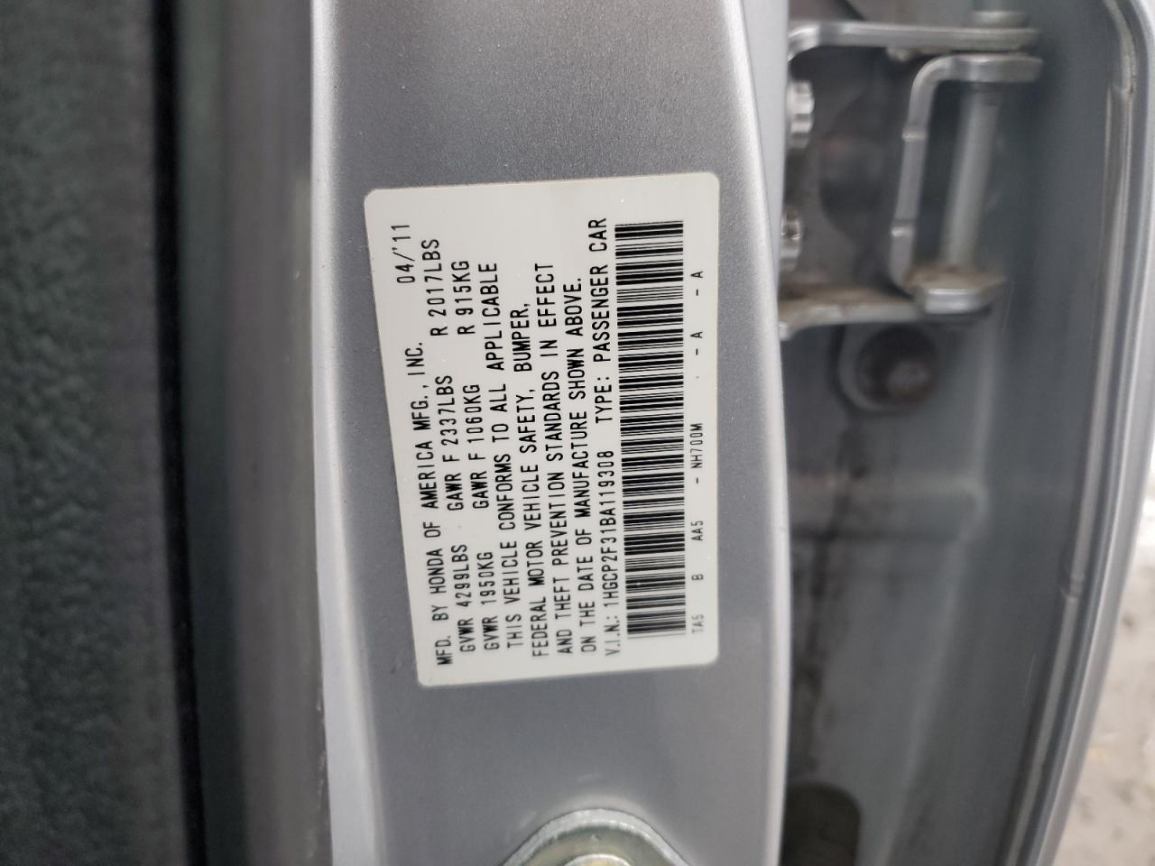 2011 Honda Accord VIN 1HGCP2F31BA119308 Copart auction photo, rear end damage thumbnail 12