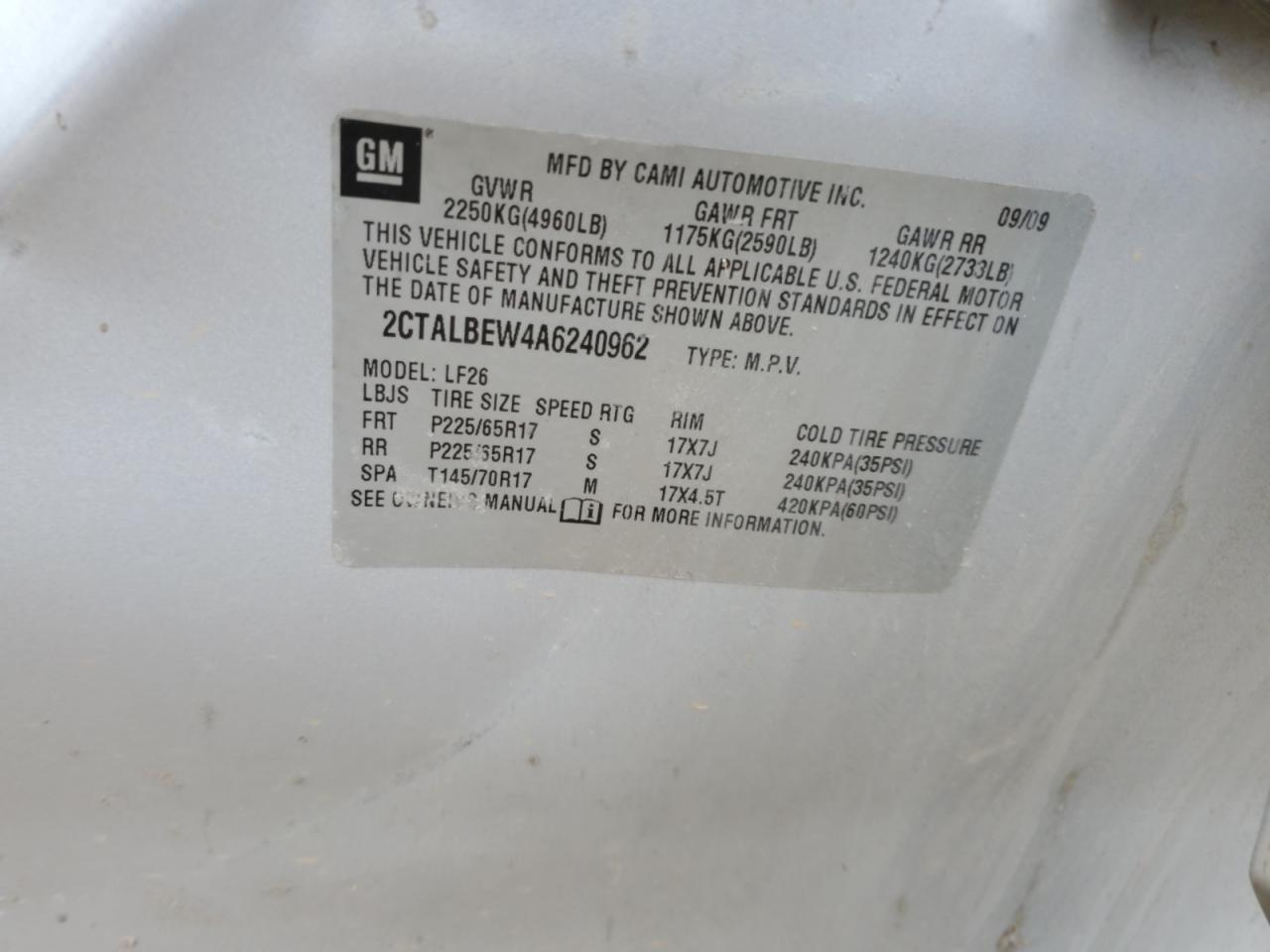 2010 GMC Terrain VIN 2CTALBEW4A6240962 Copart auction photo, all over / front end damage thumbnail 13
