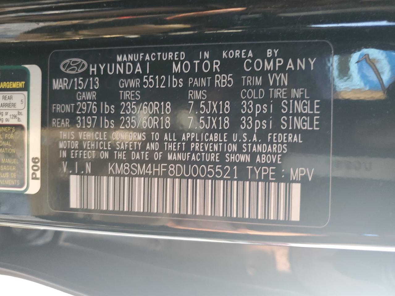 2013 Hyundai Santa Fe VIN KM8SM4HF8DU005521 Copart auction photo, all over damage thumbnail 13