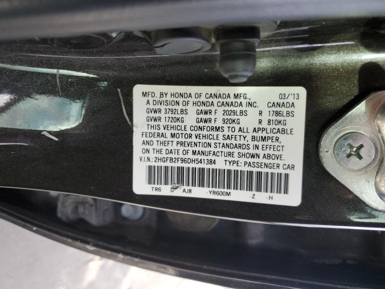 2013 Honda Civic VIN 2HGFB2F96DH541384 Copart auction photo, side / rear end damage thumbnail 12