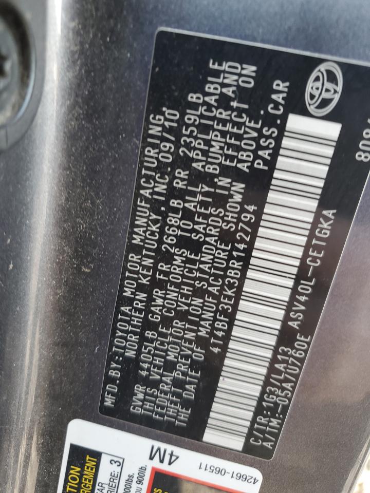 2011 Toyota Camry VIN 4T4BF3EK3BR142794 Copart auction photo, rear end / minor dent/scratches damage thumbnail 14