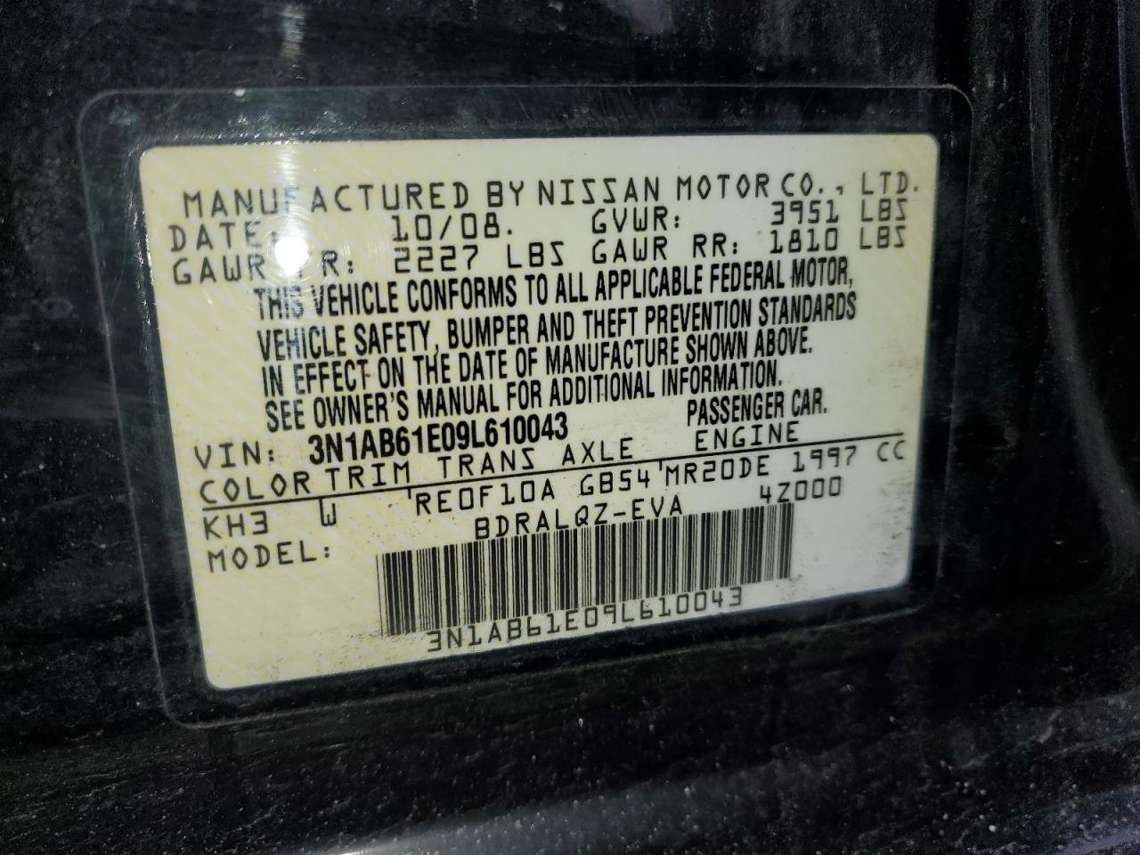 2009 Nissan Sentra VIN 3N1AB61E09L610043 Copart auction photo, front end damage thumbnail 15