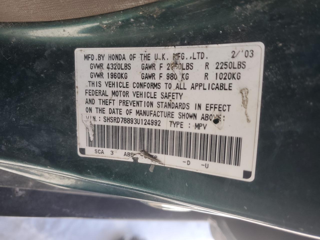 2003 Honda CR-V VIN SHSRD78893U124992 Copart auction photo, front end damage thumbnail 14