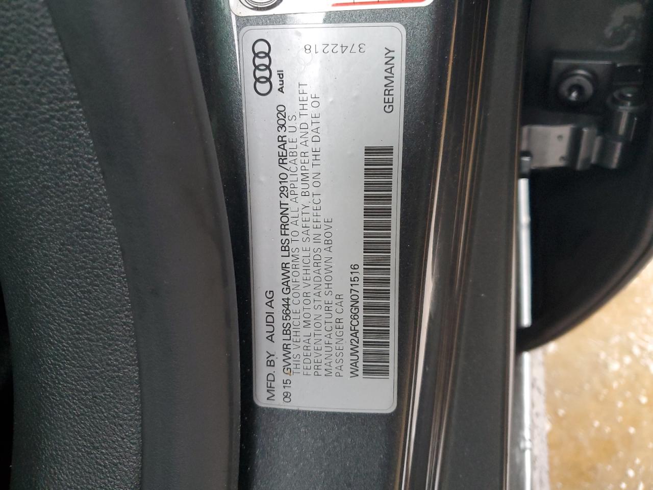 2016 Audi S7 VIN WAUW2AFC6GN071516 Copart auction photo, front end damage thumbnail 12