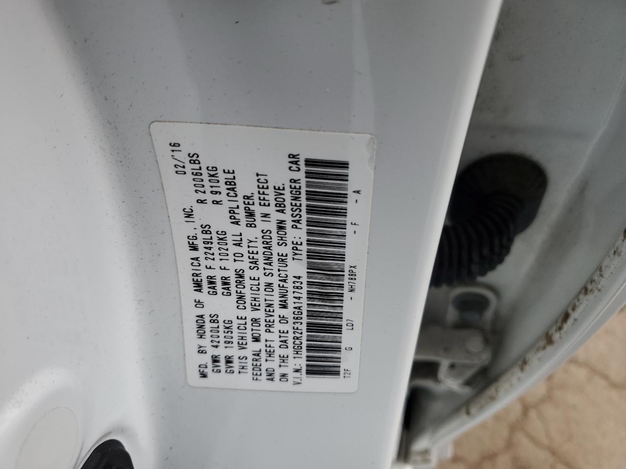 2016 Honda Accord VIN 1HGCR2F36GA147834 Copart auction photo, side / rear end damage thumbnail 14