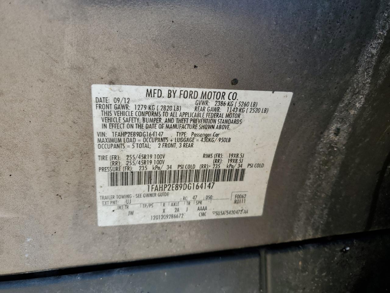 2013 Ford Taurus VIN 1FAHP2E89DG164147 Copart auction photo, burn / all over damage thumbnail 12