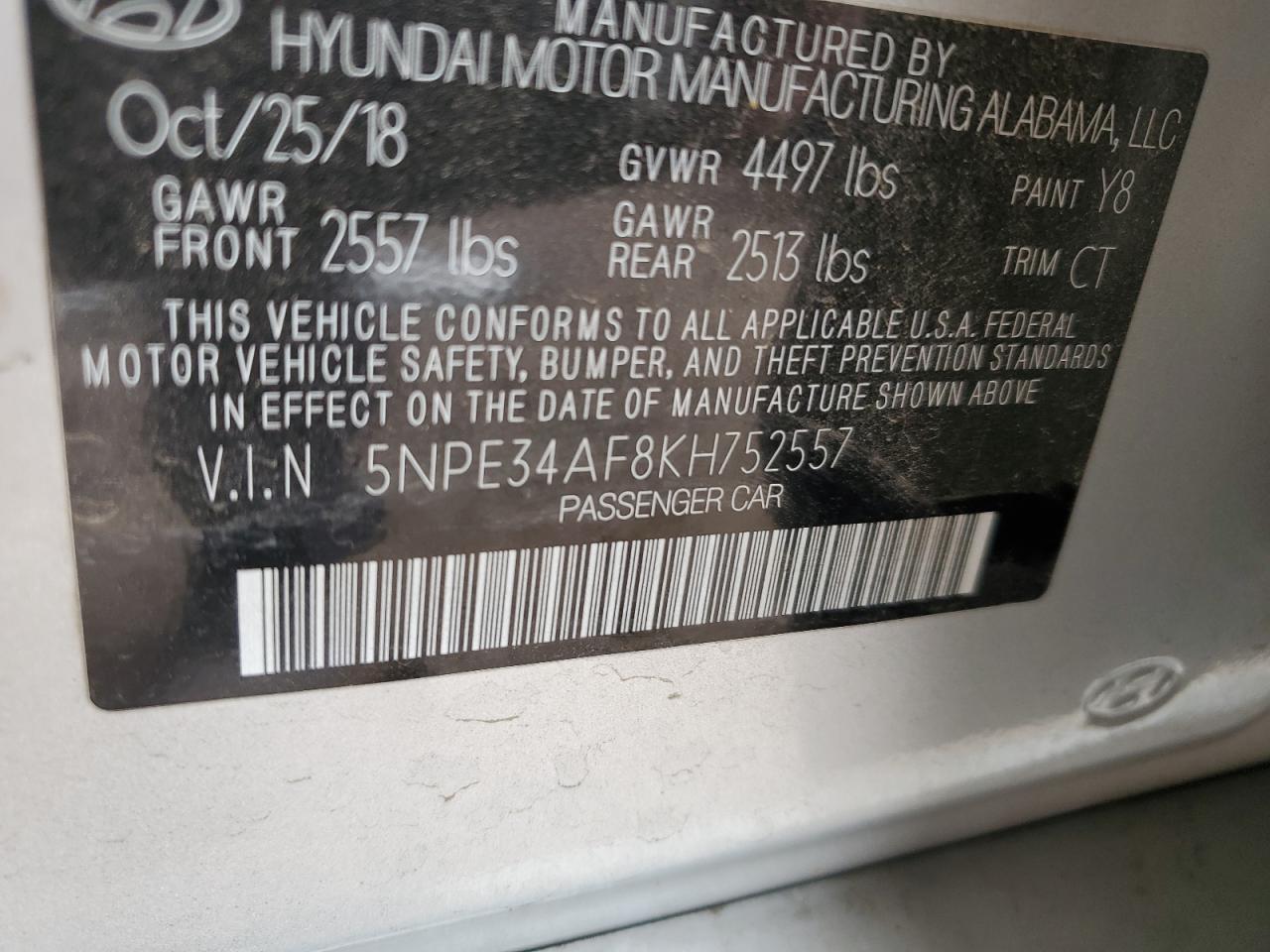 2019 Hyundai Sonata VIN 5NPE34AF8KH752557 Copart auction photo, rear end / side damage thumbnail 13