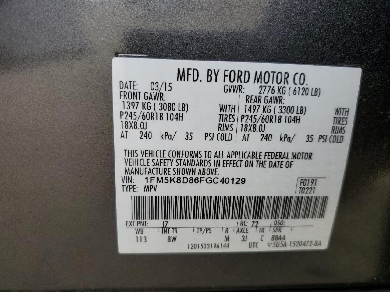 2015 Ford Explorer VIN 1FM5K8D86FGC40129 Copart auction photo, rear end damage thumbnail 14