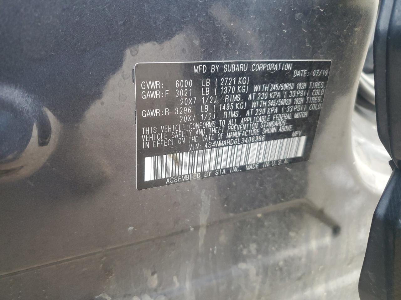 2020 Subaru Ascent VIN 4S4WMARD6L3406986 Copart auction photo, rear end damage thumbnail 16