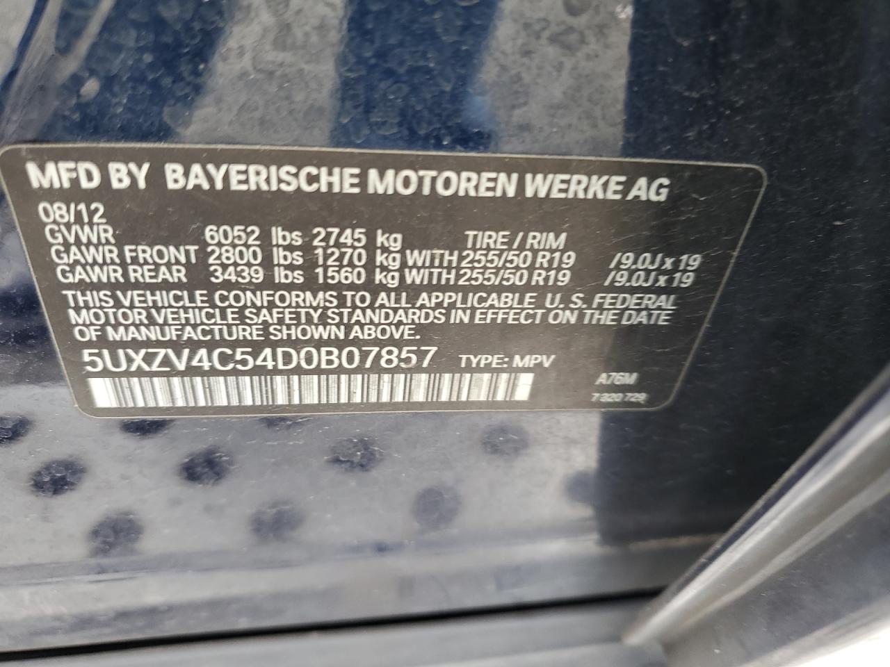2013 BMW X5 VIN 5UXZV4C54D0B07857 Copart auction photo, front end / mechanical damage thumbnail 13