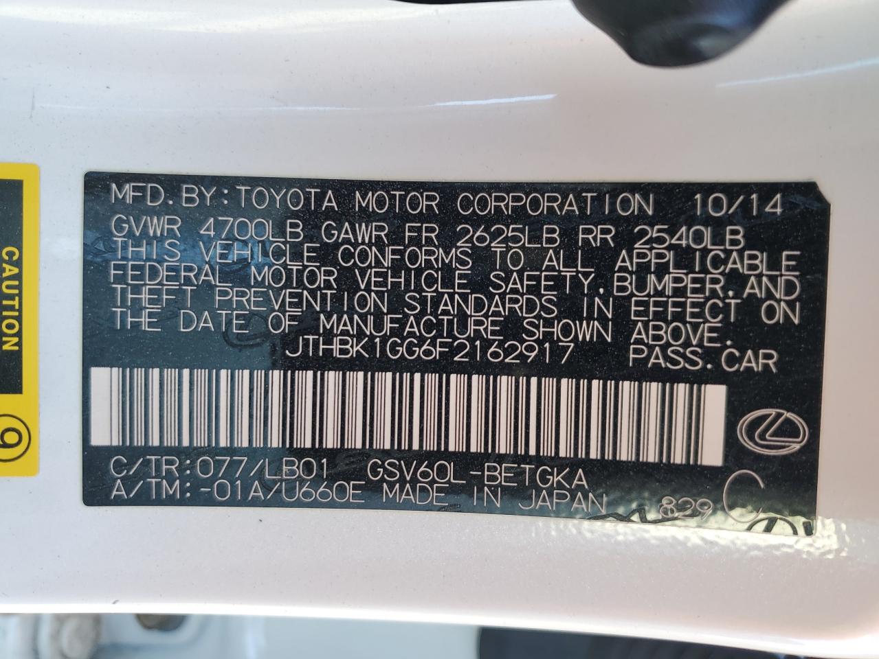 2015 Lexus ES VIN JTHBK1GG6F2162917 Copart auction photo, front end / side damage thumbnail 13