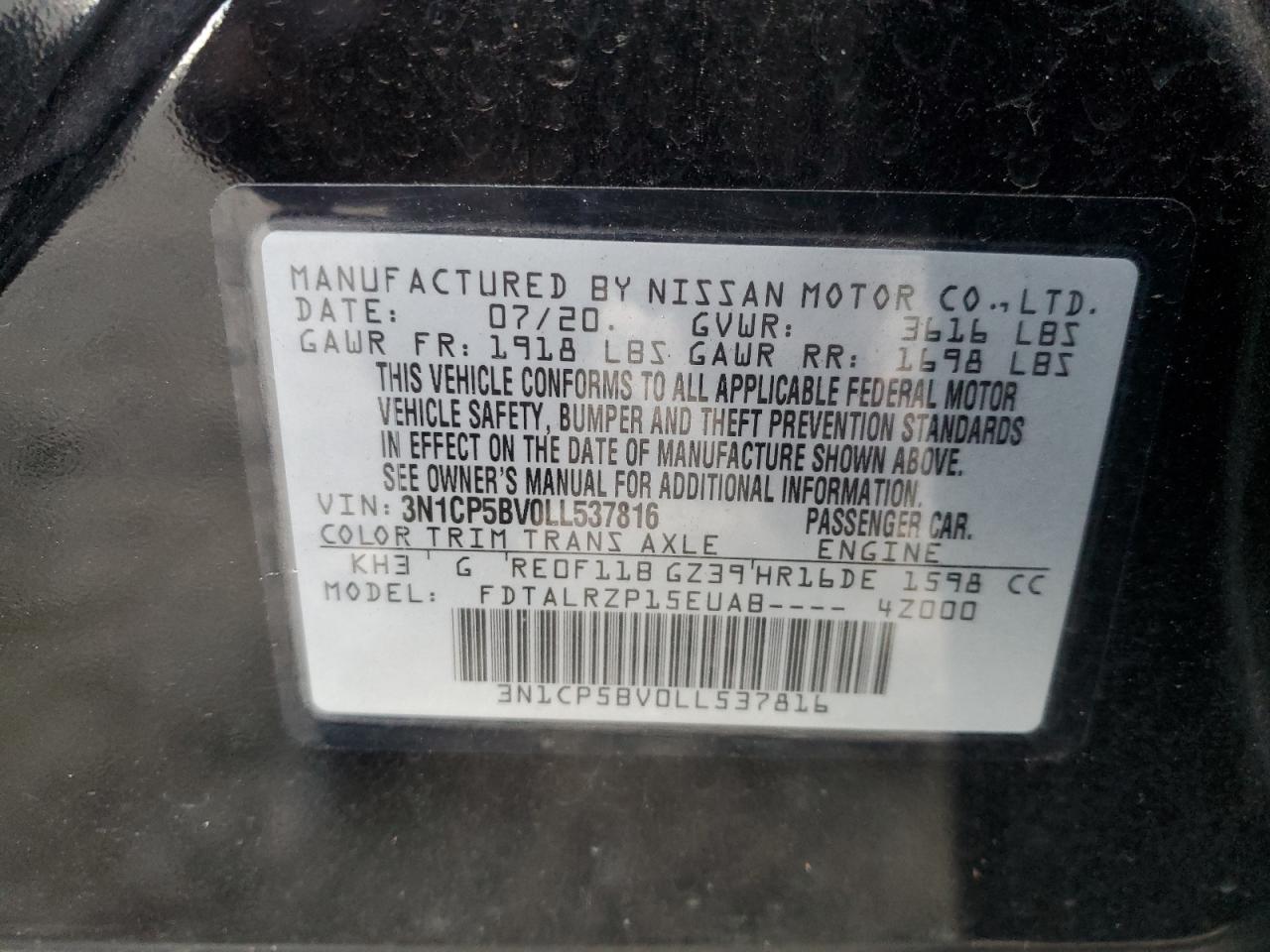 2020 Nissan Kicks VIN 3N1CP5BV0LL537816 Copart auction photo, rear end damage thumbnail 13