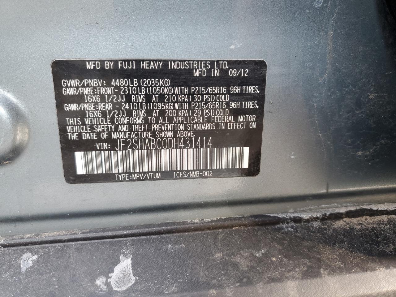 2013 Subaru Forester VIN JF2SHABC0DH431414 Copart auction photo, front end / minor dent/scratches damage thumbnail 15