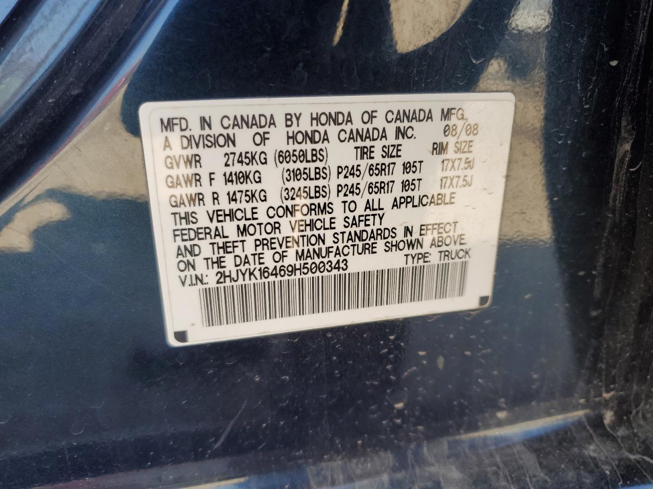 2009 Honda Ridgeline VIN 2HJYK16469H500343 Copart auction photo, front end damage thumbnail 15