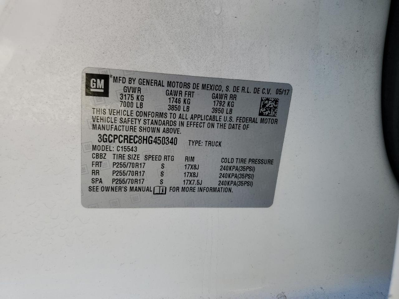 2017 Chevrolet Silverado VIN 3GCPCREC8HG450340 Copart auction photo, top/roof damage thumbnail 12