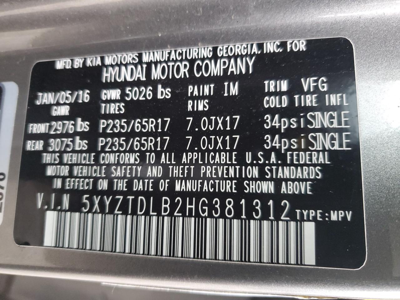 2017 Hyundai Santa Fe VIN 5XYZTDLB2HG381312 Copart auction photo, front end damage thumbnail 12