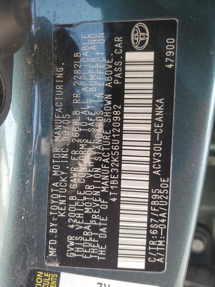 2006 Toyota Camry VIN 4T1BE32K56U120982 Copart auction photo, all over damage thumbnail 12