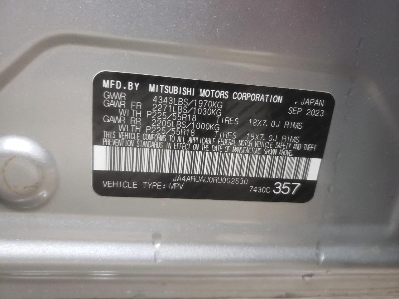 2024 Mitsubishi Outlander VIN JA4ARUAU0RU002530 Copart auction photo, side damage thumbnail 14
